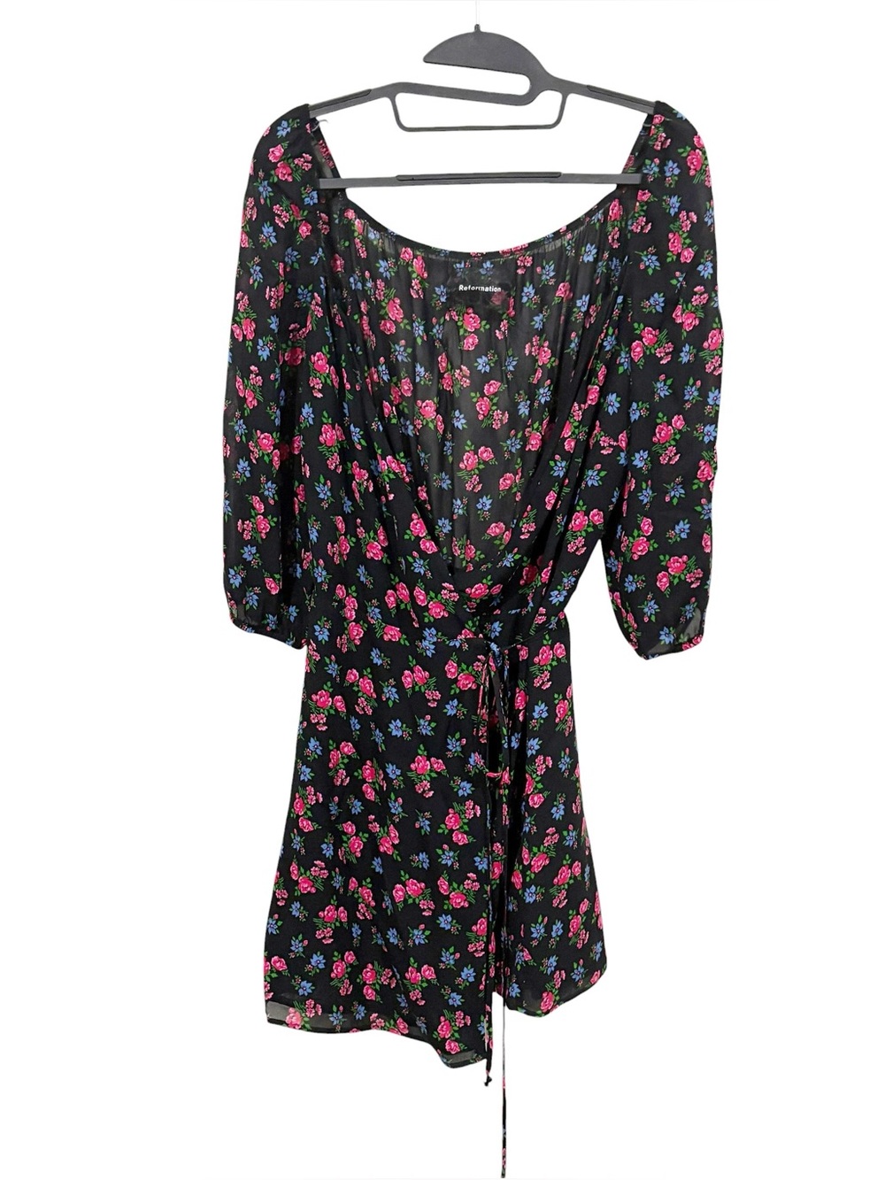 Reformation Everleigh Dress M Medium Black Floral Wrap Mini Dress - Picture 3 of 9